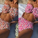 Hot Sales STOCK Custom Print Ruffle Trim Bandeau Top Women High Waist Swimwear Bikini Set