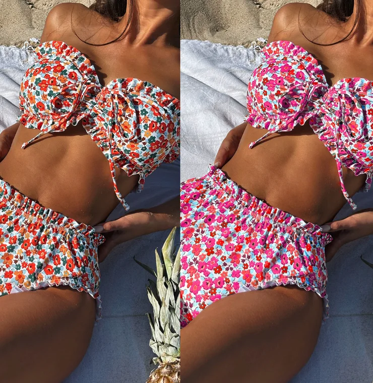 Hot Sales STOCK Custom Print Ruffle Trim Bandeau Top Women High Waist Swimwear Bikini Set