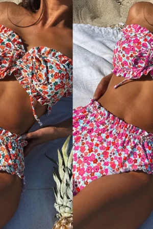 Hot Sales STOCK Custom Print Ruffle Trim Bandeau Top Women High Waist Swimwear Bikini Set