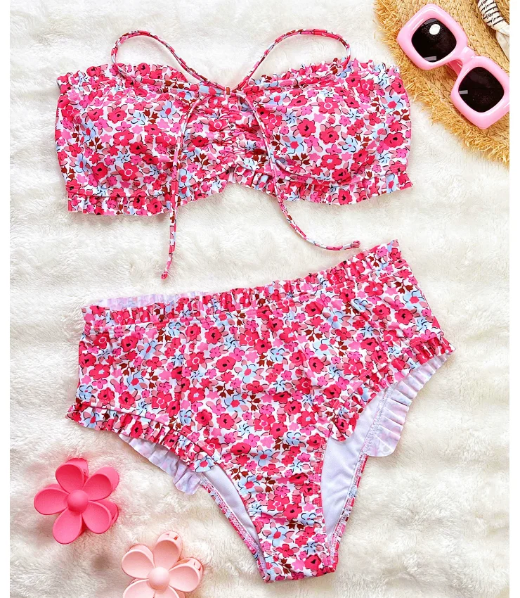 Hot Sales STOCK Custom Print Ruffle Trim Bandeau Top Women High Waist Swimwear Bikini Set - Image 8