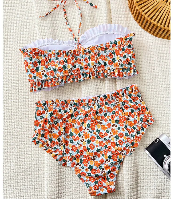 Hot Sales STOCK Custom Print Ruffle Trim Bandeau Top Women High Waist Swimwear Bikini Set - Image 5