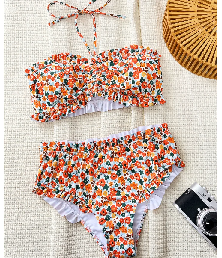 Hot Sales STOCK Custom Print Ruffle Trim Bandeau Top Women High Waist Swimwear Bikini Set - Image 4