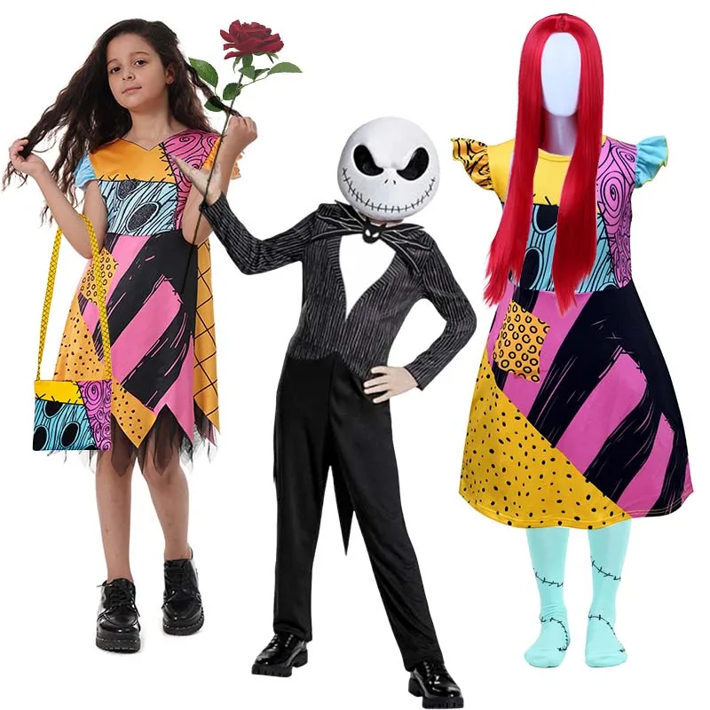 Girl Christmas Eve Scary Ruffle Dress Bow Suit Halloween Costume Girls Boys Sally Jack Cosplay Costume Tracksuit Party Outfits
