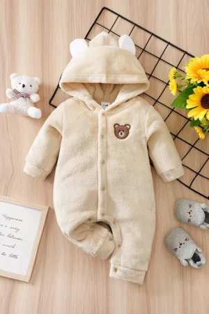 Newborn Baby Romper Winter Flannel Beige bear Hooded ears long sleeve Unisex Baby Pajamas 0-18 months Comfort Clothes