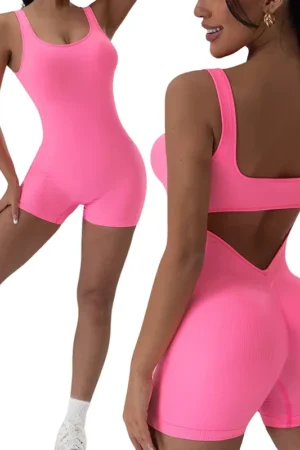 Backless Yoga Suit U Neck Sleeveless Sports Jumpsuit Solid Colour Threaded Stretch Women Bodysuit Without Bust Pads 1PCS