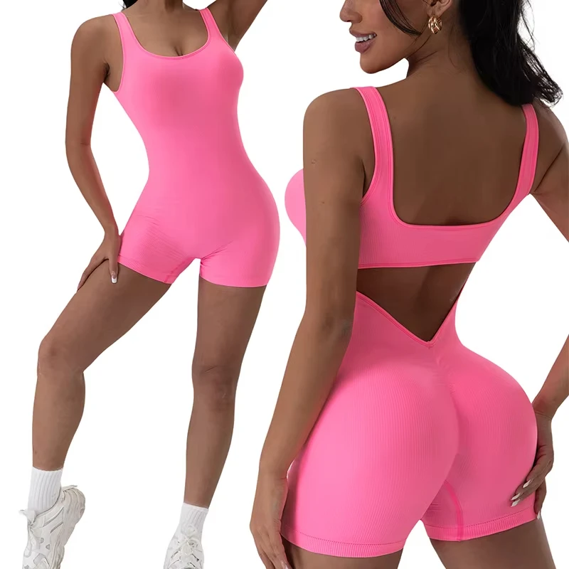 Backless Yoga Suit U Neck Sleeveless Sports Jumpsuit Solid Colour Threaded Stretch Women Bodysuit Without Bust Pads 1PCS