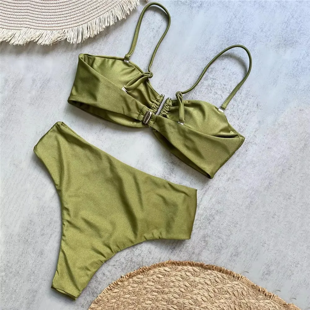 Brown Shiny Shaped Bikini High Waist Sexy Swimsuit Women 2026 Wrinkled Solid Swimwears Bathing Suit - Image 19