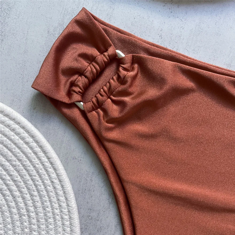 Brown Shiny Shaped Bikini High Waist Sexy Swimsuit Women 2026 Wrinkled Solid Swimwears Bathing Suit - Image 3