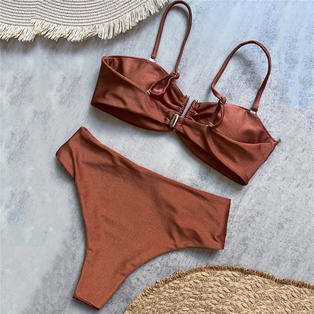 Brown Shiny Shaped Bikini High Waist Sexy Swimsuit Women 2026 Wrinkled Solid Swimwears Bathing Suit - Image 2