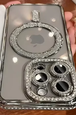 New Fashion Glitter Diamond Transparent Case For iPhone 16 -12 Plus Magnetic Wireless Charge Bumper Cover