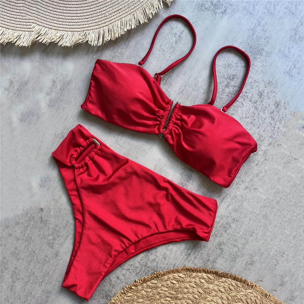 Brown Shiny Shaped Bikini High Waist Sexy Swimsuit Women 2026 Wrinkled Solid Swimwears Bathing Suit - Image 4