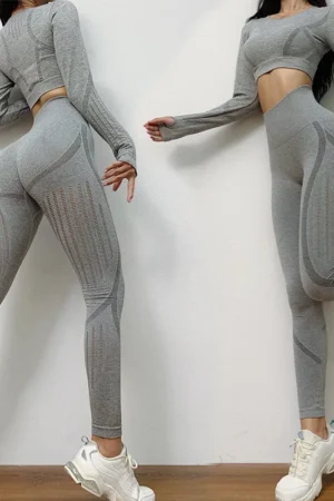 Women's Yoga Suit Set Sports Long Sleeved Clothing Top Seamless High Waist Tight Fitting Breathable Pants Fitness Sportswear 2pc