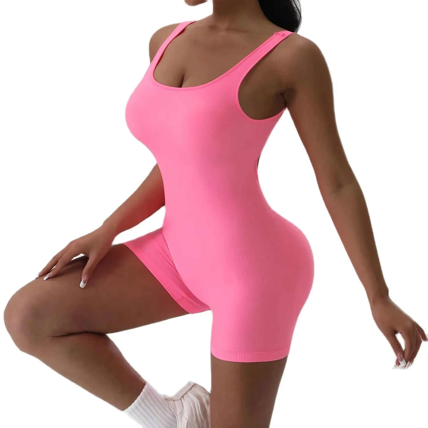 Backless Yoga Suit U Neck Sleeveless Sports Jumpsuit Solid Colour Threaded Stretch Women Bodysuit Without Bust Pads 1PCS - Image 3