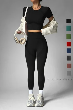Women's Sturdy Activewear Set, Breathable Waistless Short Sleeves and High Waist Pants, Yoga Gym Workout for Running 2Pcs