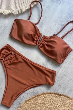 Brown Shiny Shaped Bikini High Waist Sexy Swimsuit Women 2026 Wrinkled Solid Swimwears Bathing Suit