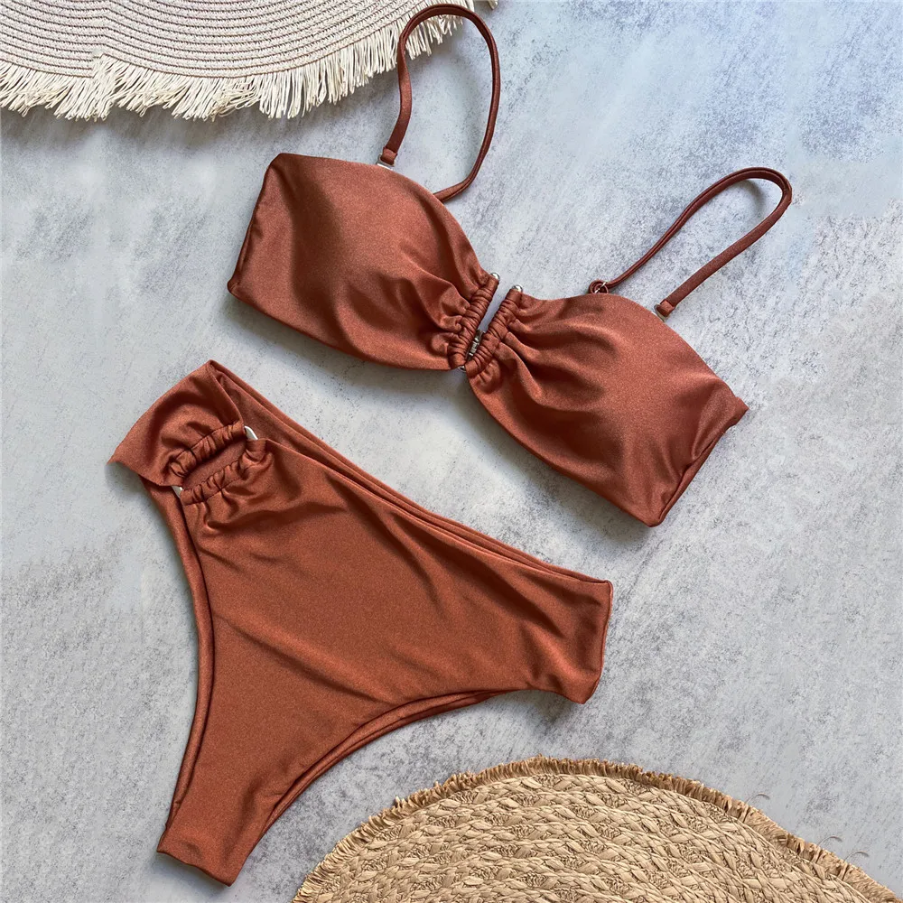 Brown Shiny Shaped Bikini High Waist Sexy Swimsuit Women 2026 Wrinkled Solid Swimwears Bathing Suit