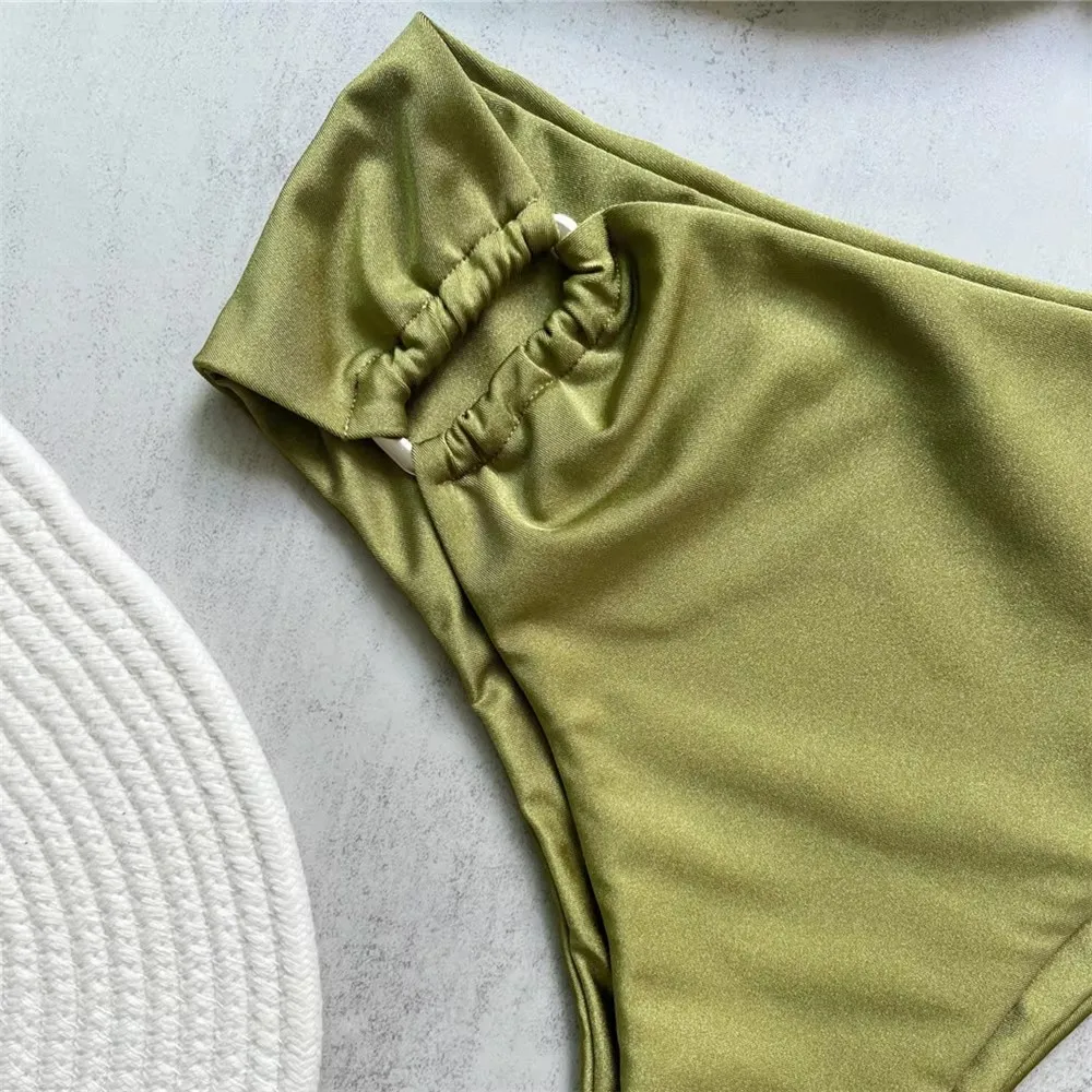 Brown Shiny Shaped Bikini High Waist Sexy Swimsuit Women 2026 Wrinkled Solid Swimwears Bathing Suit - Image 21