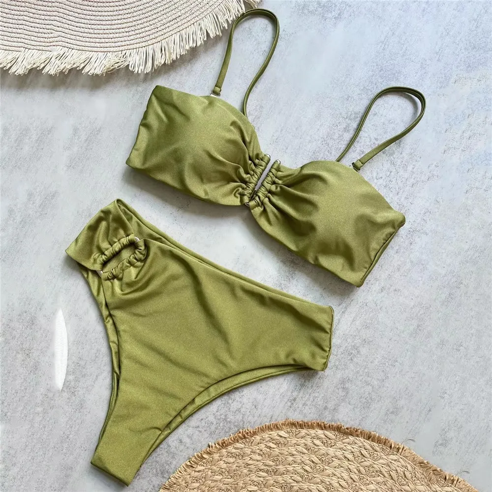 Brown Shiny Shaped Bikini High Waist Sexy Swimsuit Women 2026 Wrinkled Solid Swimwears Bathing Suit - Image 6