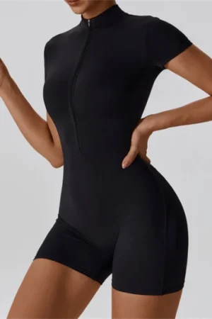 European and American nude one-piece yoga suit with stand up collar, half zipper, short sleeved fitness jumpsuit, tight fitting