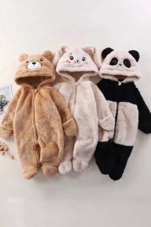Autumn Winter Baby Romper Cartoon Fluffy Panda Rabbit Bear Jumpsuit  Boys Girls Soft Warm Cotton Outwear Clothes