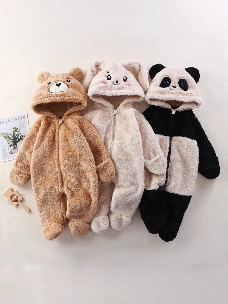 Autumn Winter Baby Romper Cartoon Fluffy Panda Rabbit Bear Jumpsuit Boys Girls Soft Warm Cotton Outwear Clothes